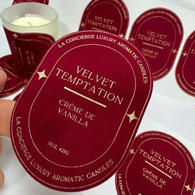 ईको फ्रेंडली कस्टमाइज्ड प्रिंट लोगो वेल्वट एम्बॉसड गोल्ड कैंडल लेबल स्टिकर कैंडल जार के लिए
